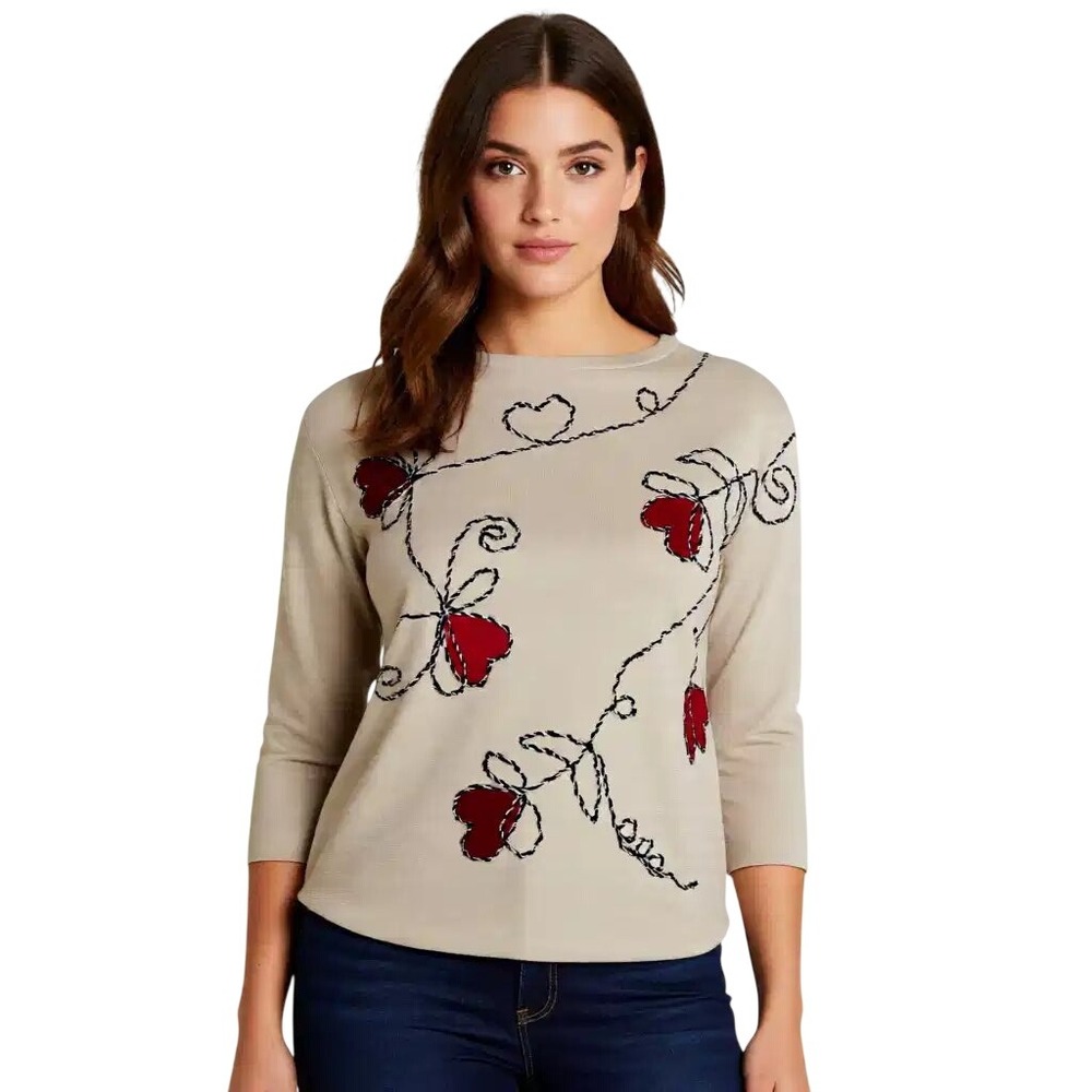 Mila Milano Womens Beige Floral Heart Boat Neck 3/4 Sleeve Sweater S NWT